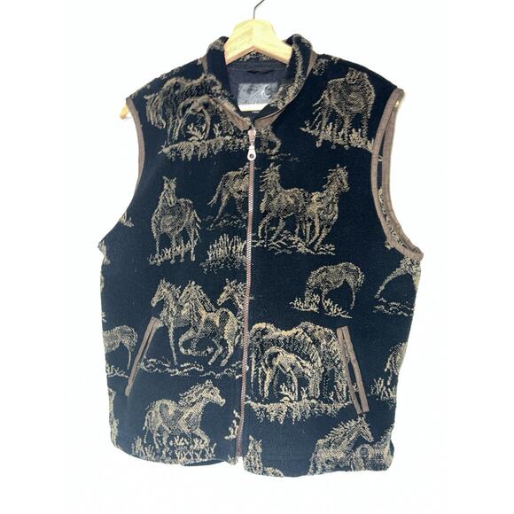 Vintage Tsunami Women's Fleece Vest With Horse Pattern Size L Large in Black/Tan - Picture 2 of 6